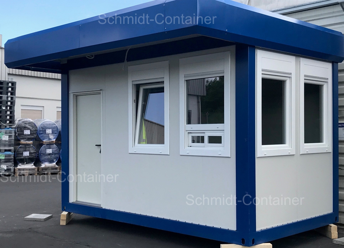 Pförtnercontainer kaufen - Pförtnercontainer auf Maß mit Vordach und Attika