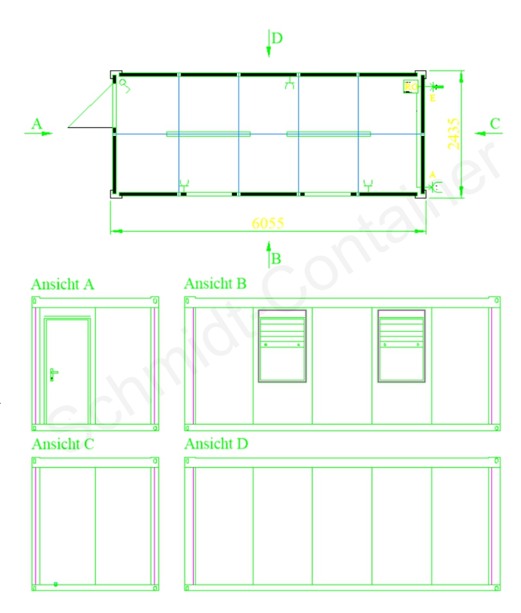 20 Fuß Container mit zwei Fenstern Grundriss