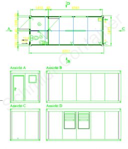 Grundriss 20 Fuss Container mit WC-Raum, Außenansicht